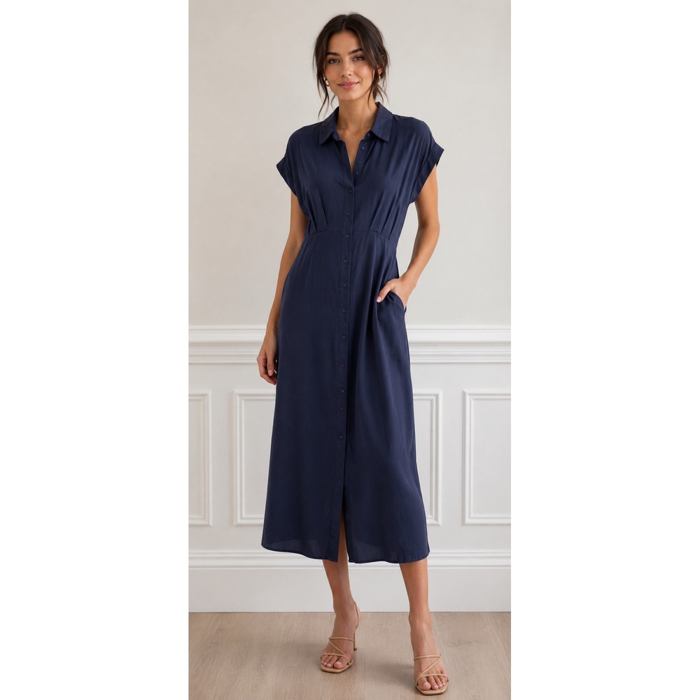 NEW Ikonic Kollection Women S Shirt Dress Navy Button Midi Heritage Quiet Luxury